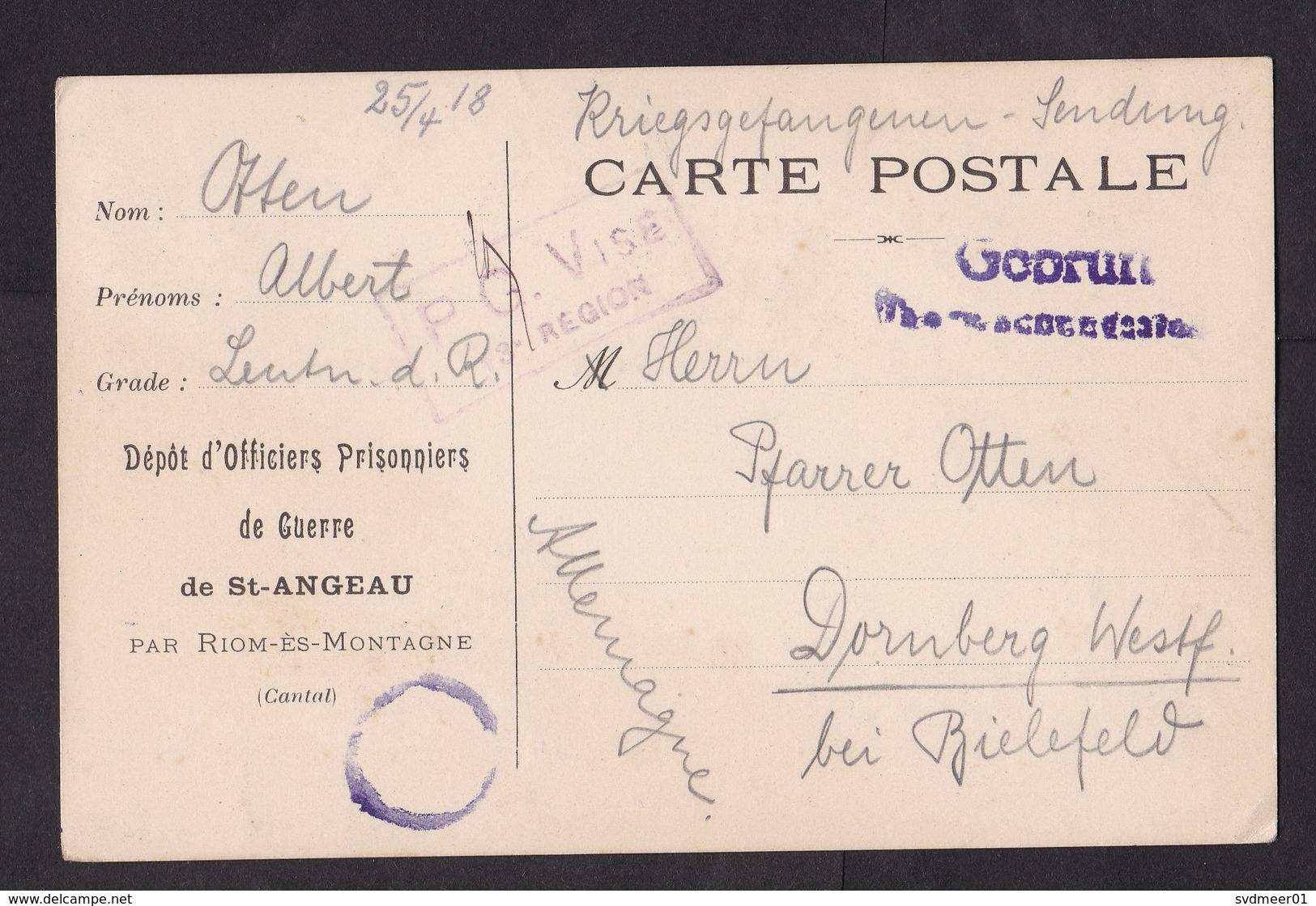 France: POW Prisoner Of War Postcard To Germany, 1918, Censored, Censor, Officers Camp St-Angeau, WW1 (traces Of Use) - Brieven En Documenten