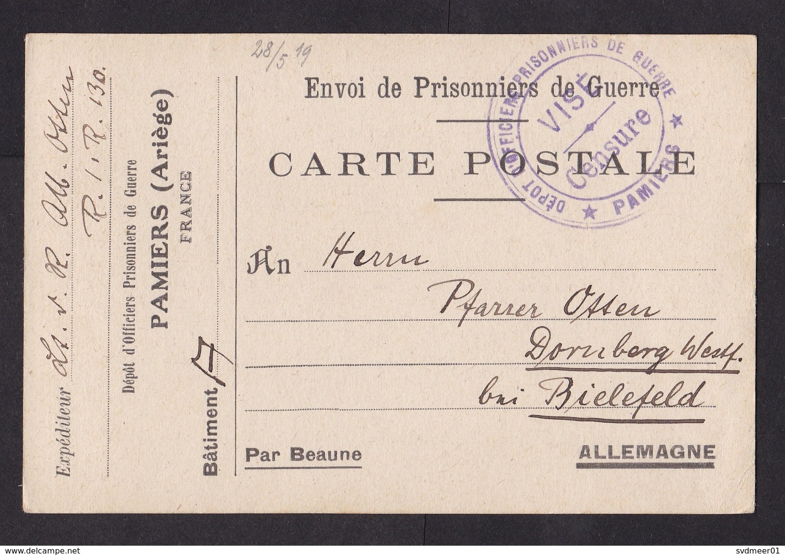France: POW Prisoner Of War Postcard To Germany, 1919, Censored, Censor, Officers Camp Pamiers, WW1 (traces Of Use) - Brieven En Documenten