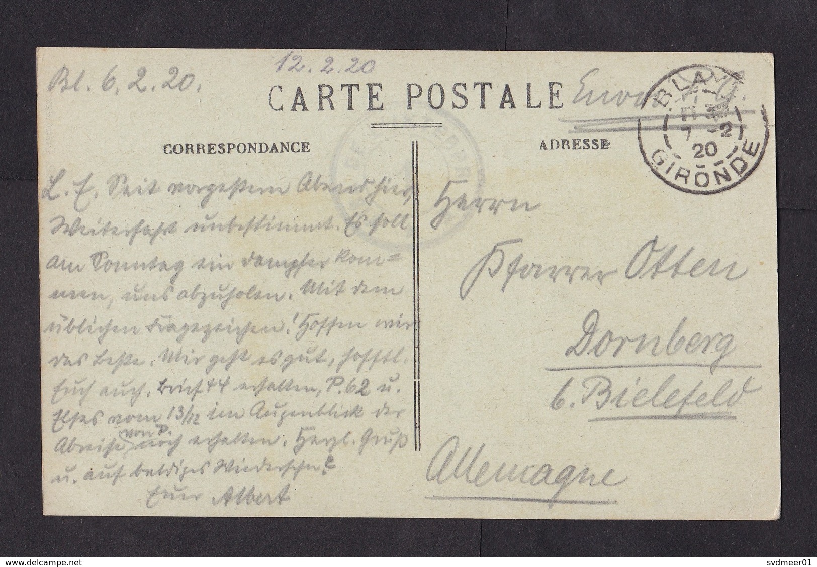 France: POW Prisoner Of War Picture Postcard To Germany, 1920, Censored?, Blaye, WW1 (traces Of Use) - Brieven En Documenten