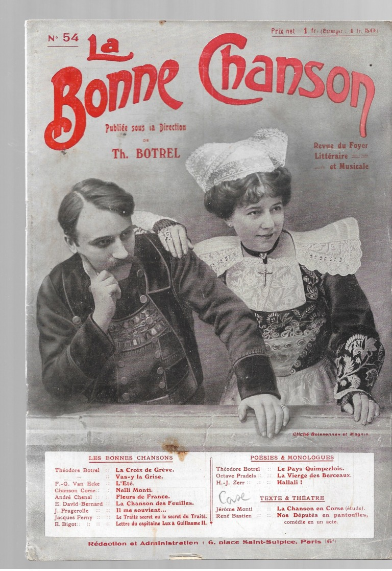 "La Bonne Chanson" Revue 48 P Publiée Par Th BOTREL. N°54  Avril 1912, Spécial CORSE - 1901-1940