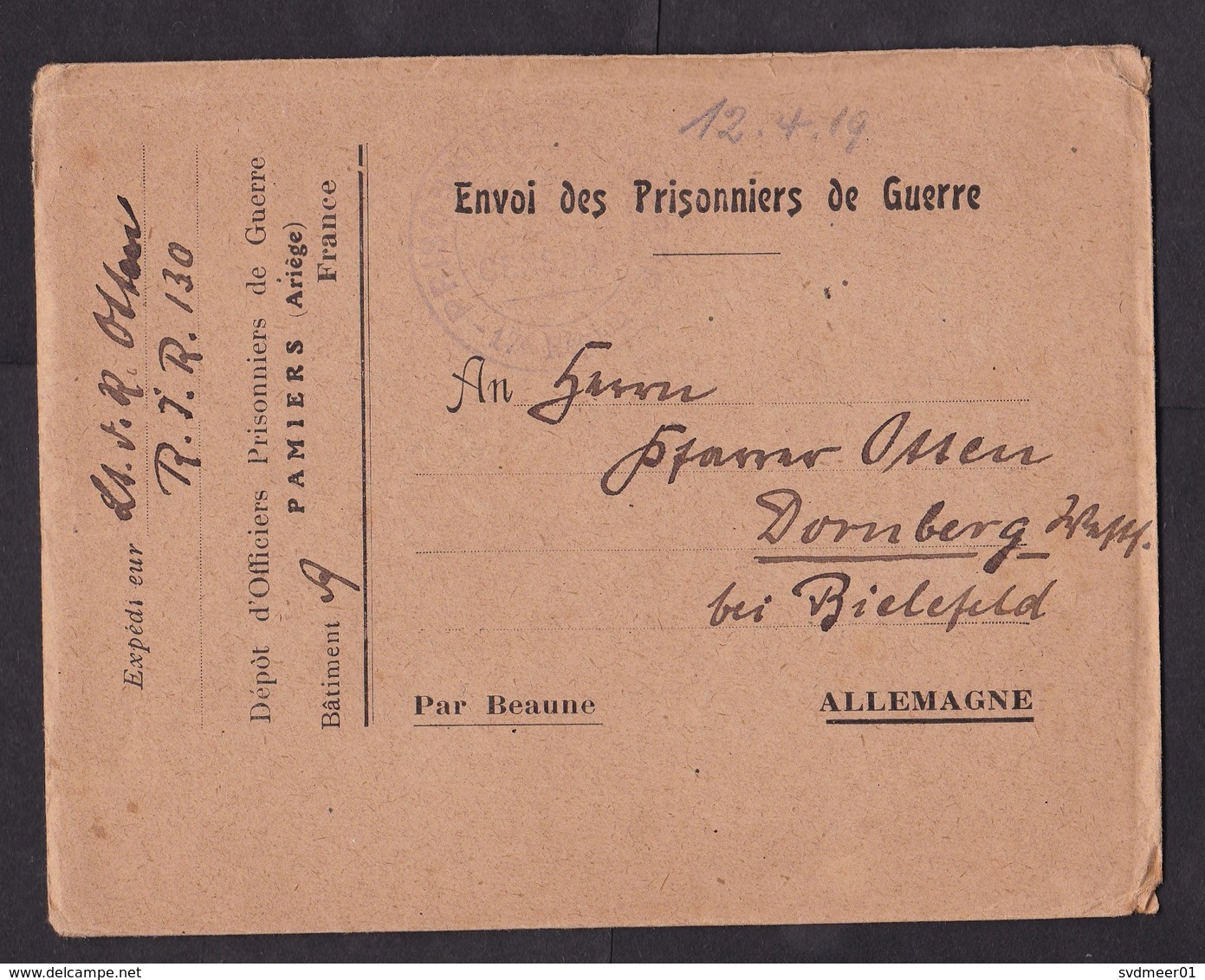 France: POW Prisoner Of War Cover To Germany, 1919, Censored, Officers Camp Pamiers, With Letter, WW1 (traces Of Use) - Brieven En Documenten