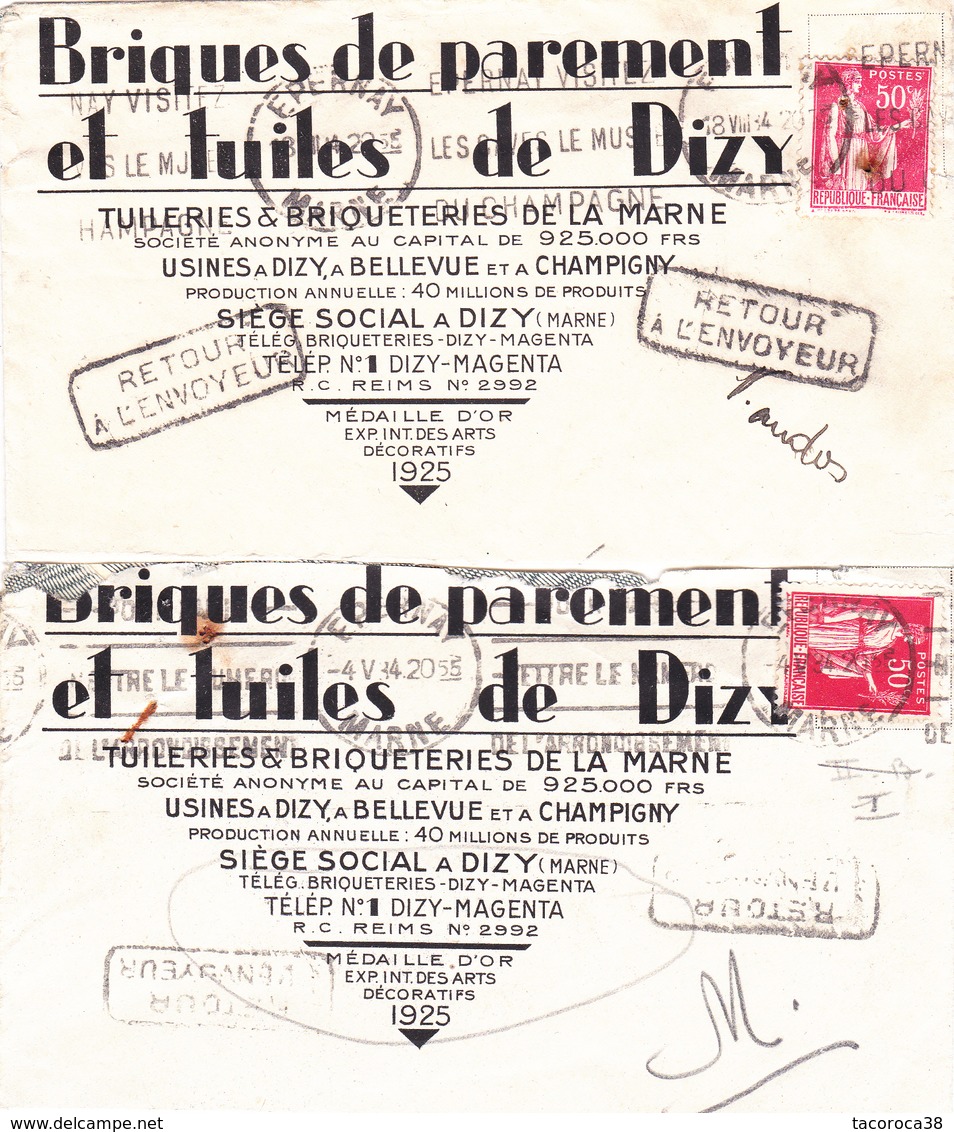 BRIQUES De Parements Et TUILES De DIZY (Marne) - 2 Documents " RETOUR à L'ENVOYEUR " - Industrie