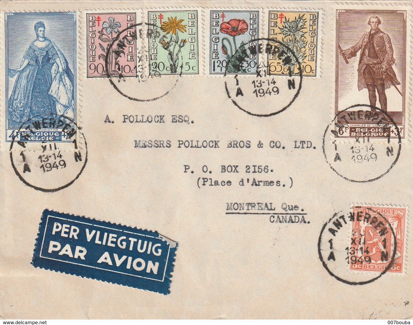 Lettre Avec TP 419/ 814/ 815/ 816/ 817/ 820/ 822  D'Anvers à Montréal 1949 - Lettres & Documents