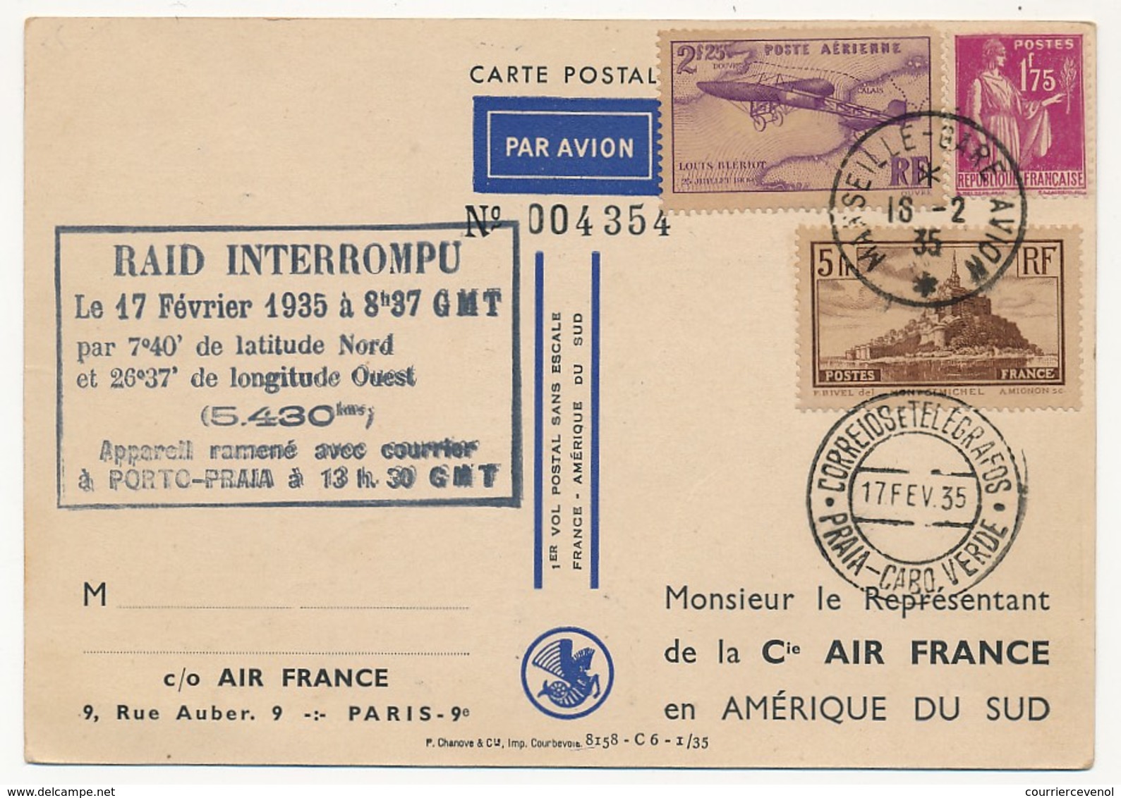 FRANCE - Carte Air France 1er Vol Sans Escale FRANCE AMERIQUE DU SUD - Raid Interrompu 17 Février 1935 - 1927-1959 Lettres & Documents