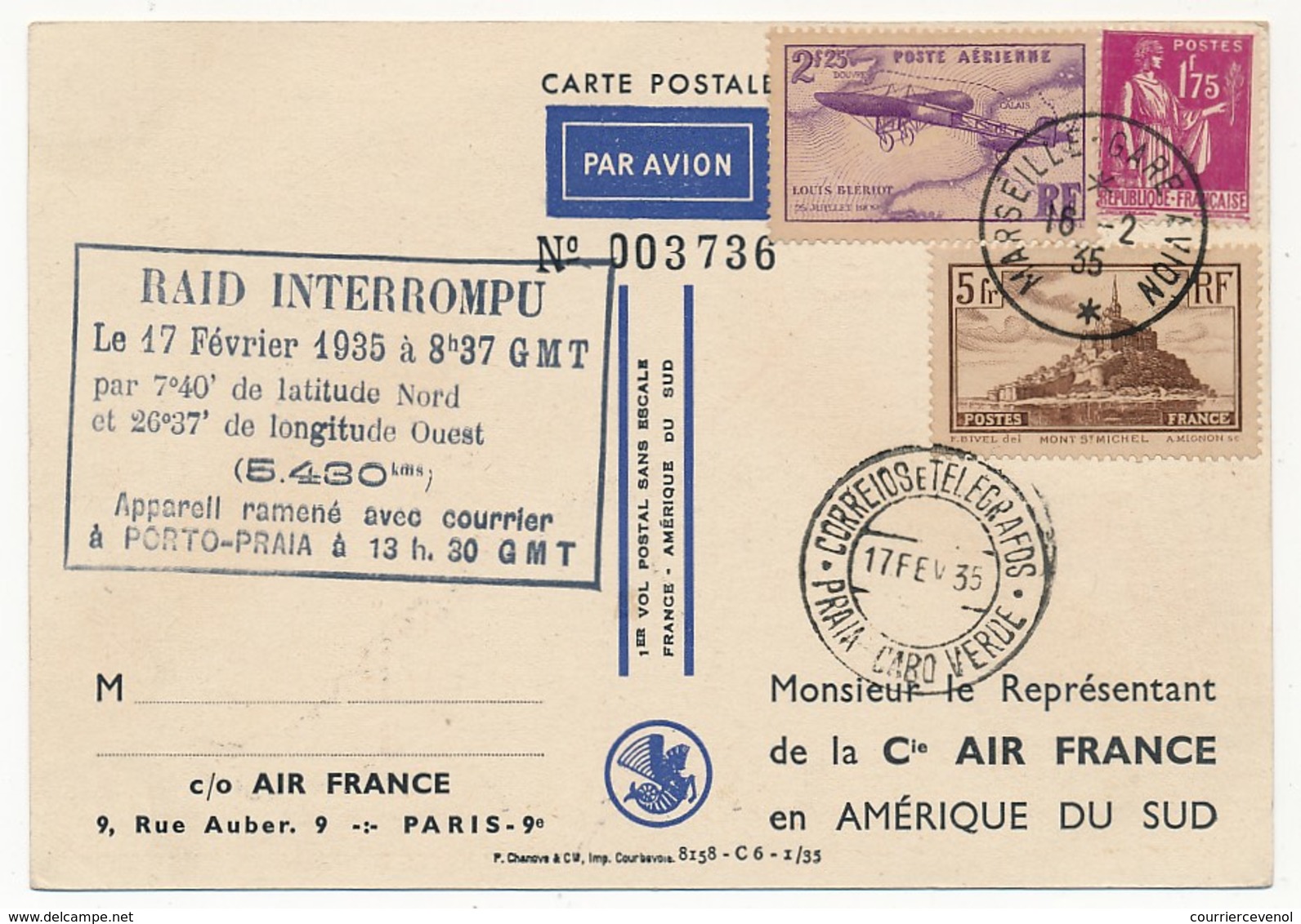 FRANCE - Carte Air France 1er Vol Sans Escale FRANCE AMERIQUE DU SUD - Raid Interrompu 17 Février 1935 - 1927-1959 Lettres & Documents