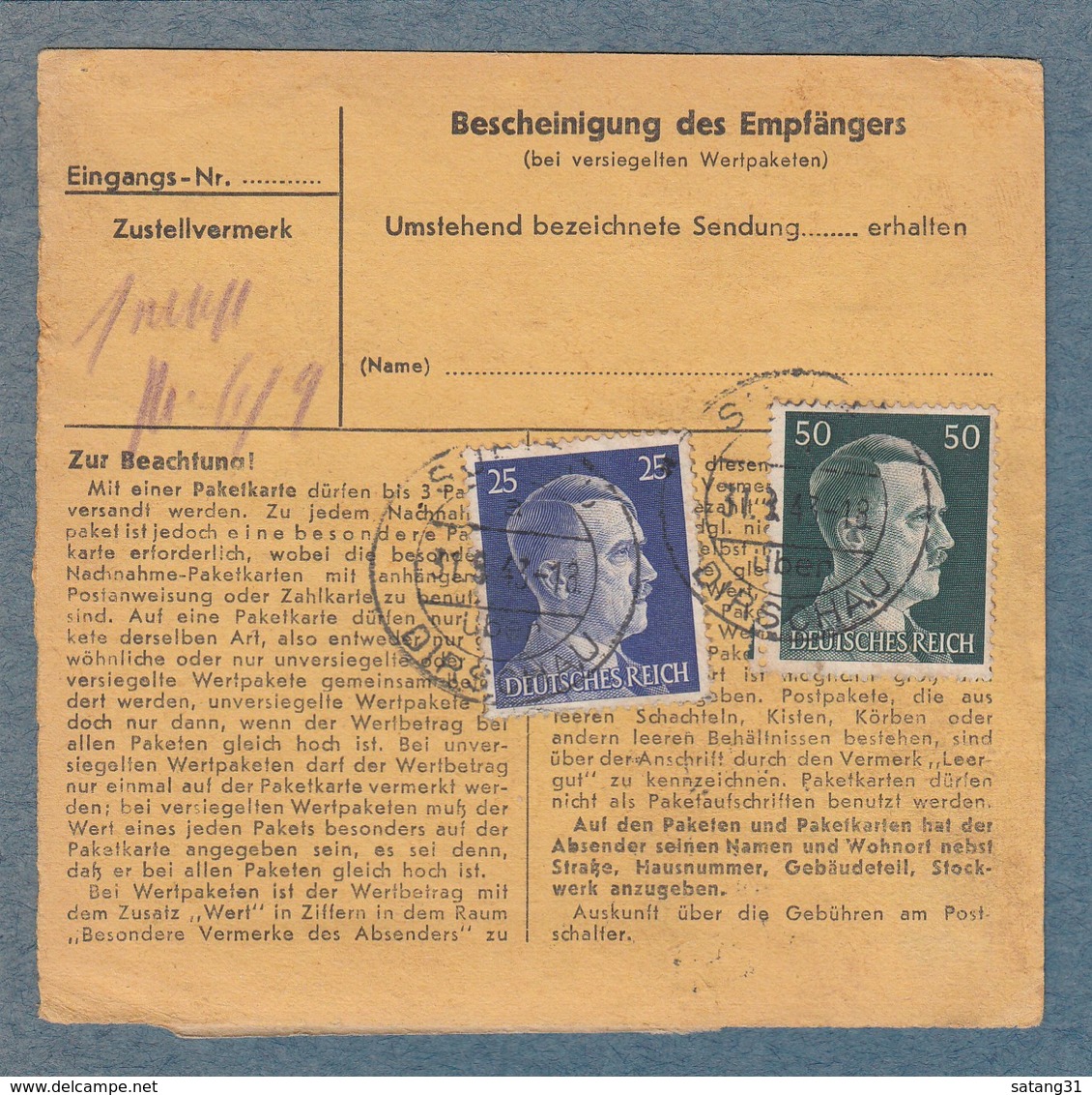 PAKETKARTE AUS SUBKAU ÜBER DIRSCHAU,REICHSGAU DANZIG-WESTPREUSSEN(HEUTE SUBKOWY IN POLEN). - Covers & Documents