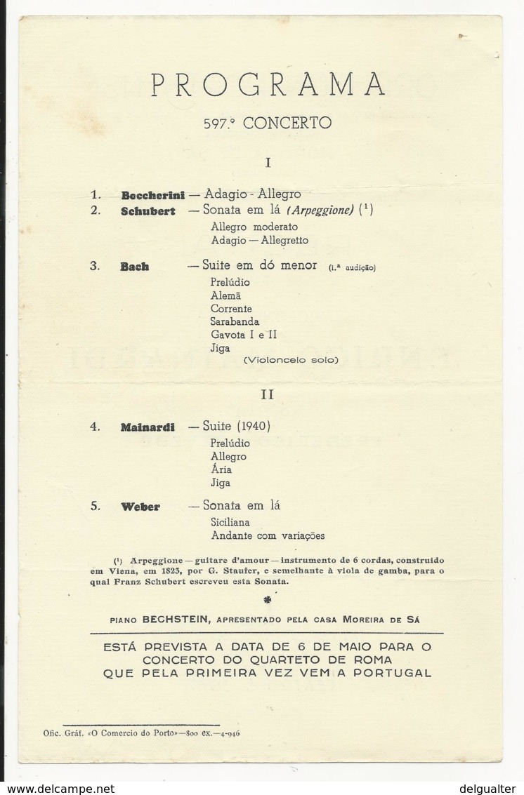 Program - Portugal - Orpheon Portuense - 24 Abril 1946 -  Enrico Mainardi - Programmes