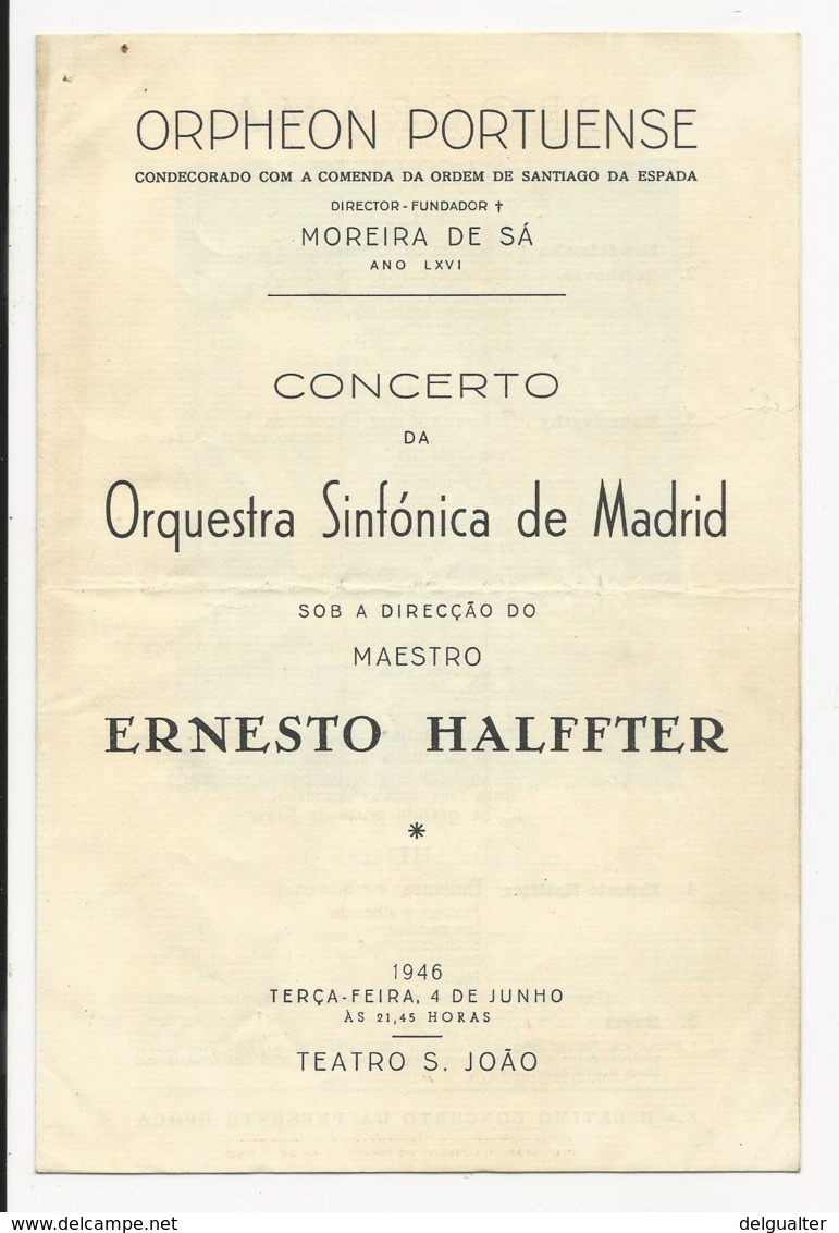 Program - Portugal - Orpheon Portuense - 4 Junho 1946 -  Orquestra Sinfónica De Madrid - Programma's