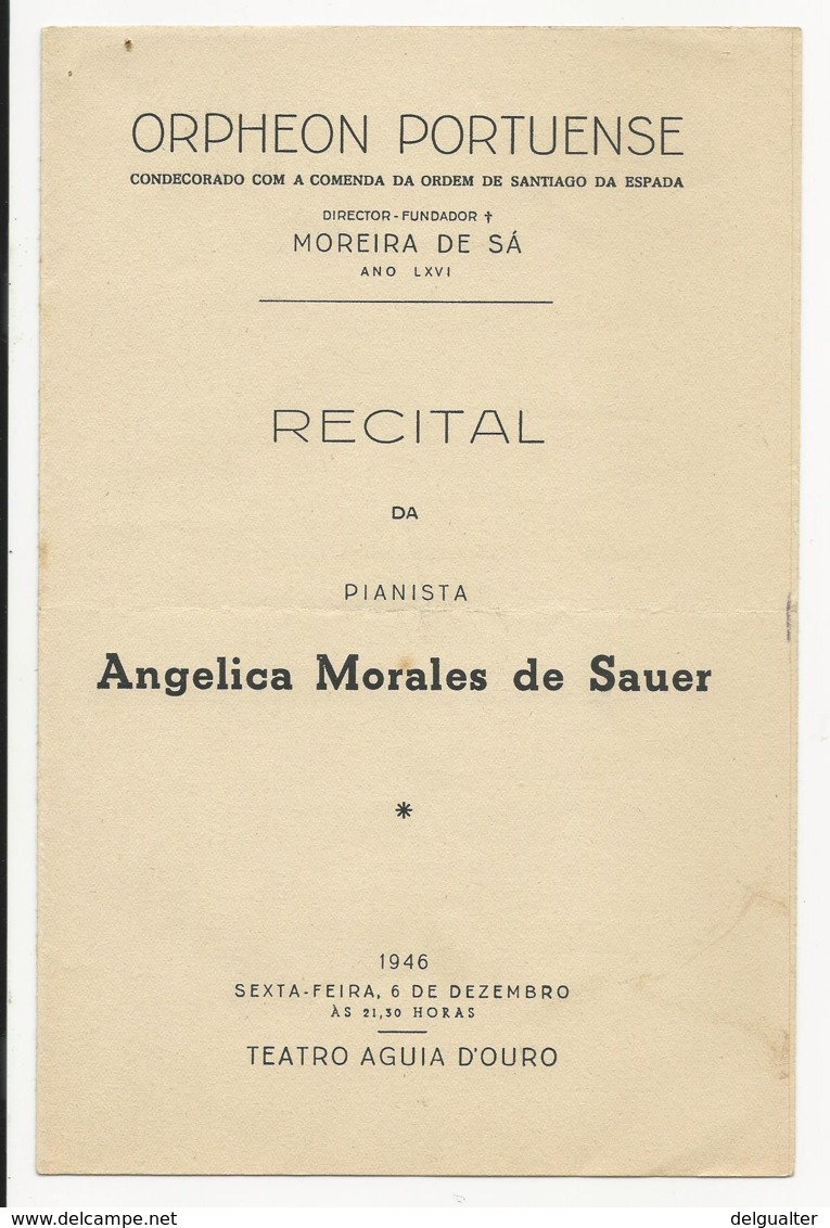 Program - Portugal - Orpheon Portuense - 6 Dezembro 1946 - Angelica Morales De Sauer - Programmes