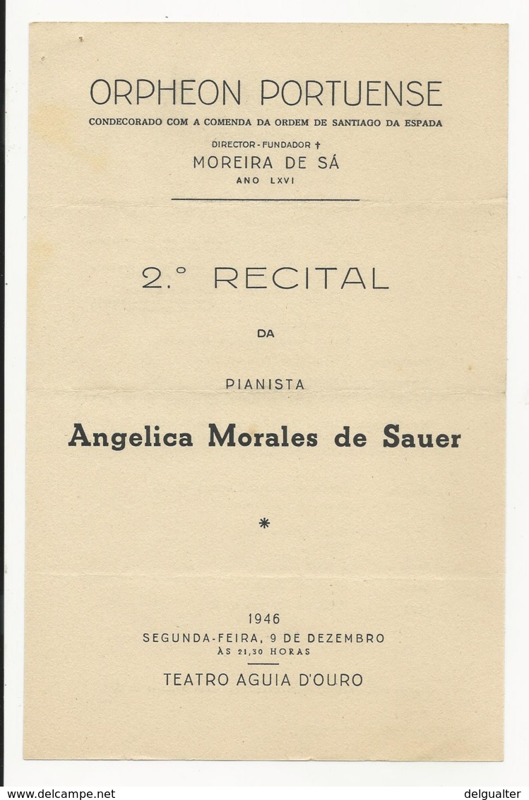 Program - Portugal - Orpheon Portuense - 9 Dezembro 1946 - Angelica Morales De Sauer - Programmes