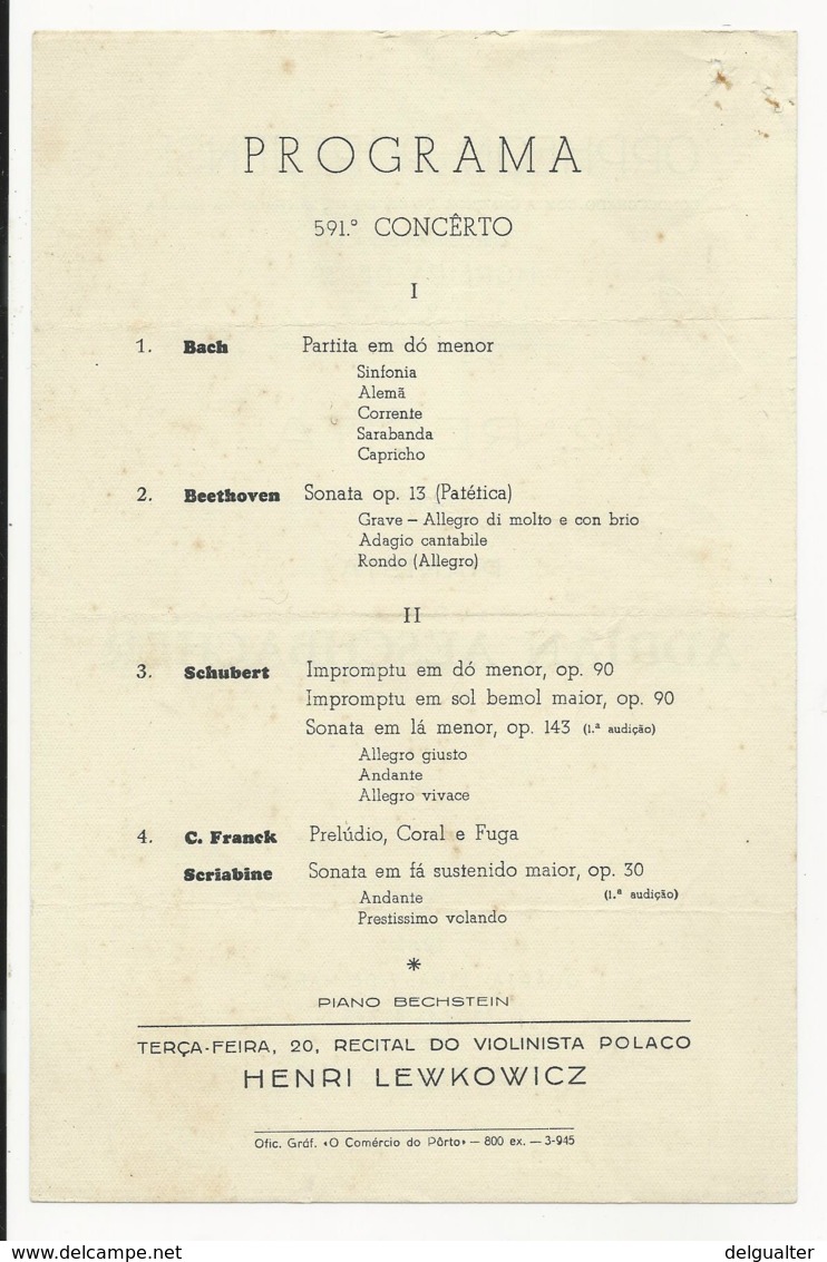 Program - Portugal - Orpheon Portuense - 7 Março 1945 - Adrian Aeschbacher - Programmes