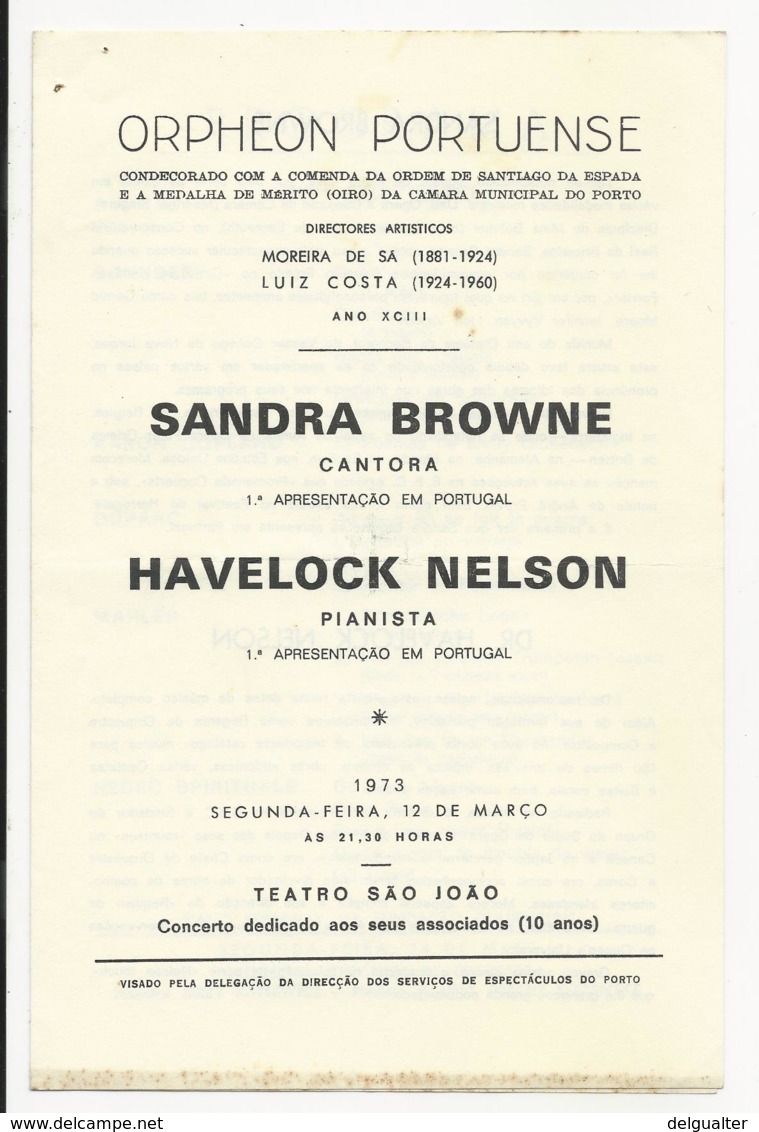 Program - Portugal - Orpheon Portuense - 12 Março 1973 - Sandra Browne E Havelock Nelson - Programmes