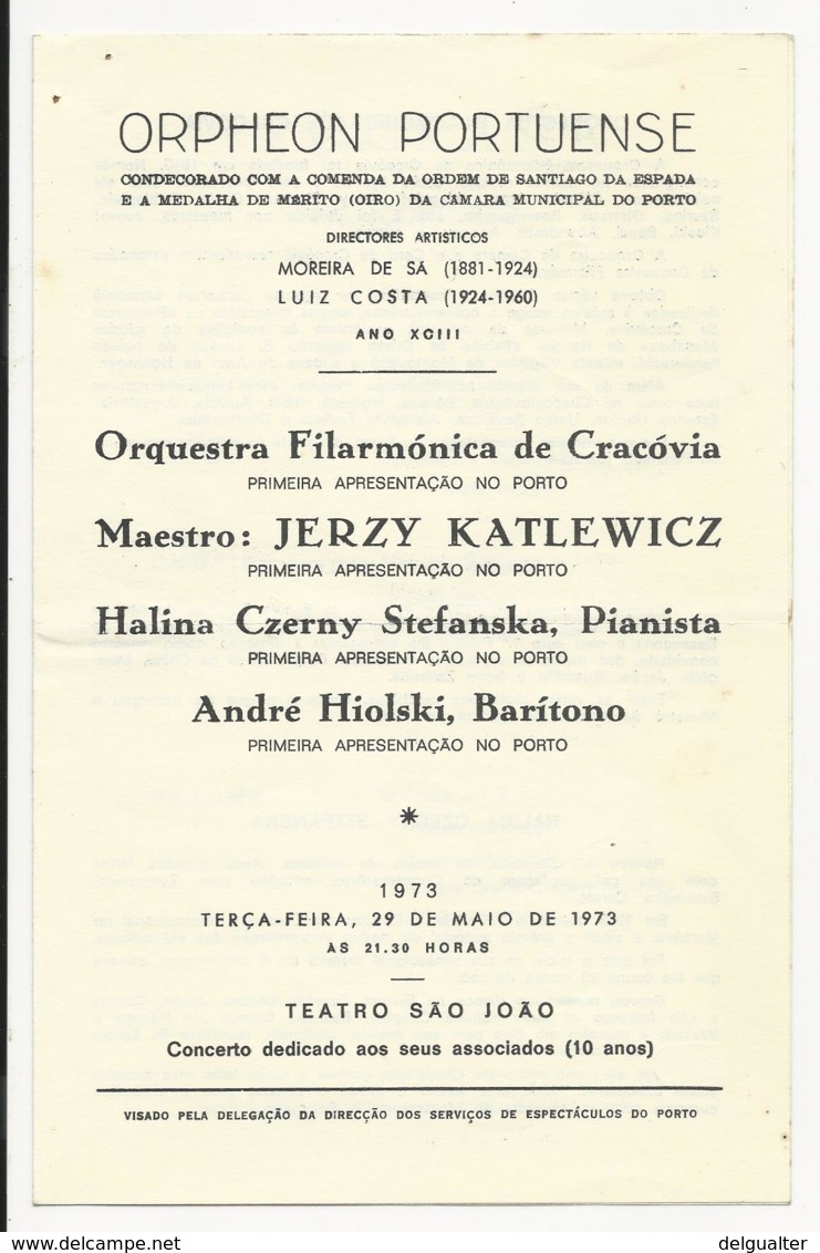 Program - Portugal - Orpheon Portuense - 29 Maio 1973 - Orquestra Filarmónica De Cracóvia... - Programmes