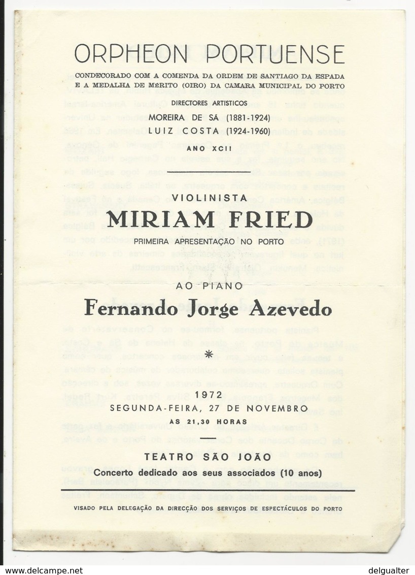 Program - Portugal - Orpheon Portuense - 27 Novembro 1972 - Miriam Fried - Programmes