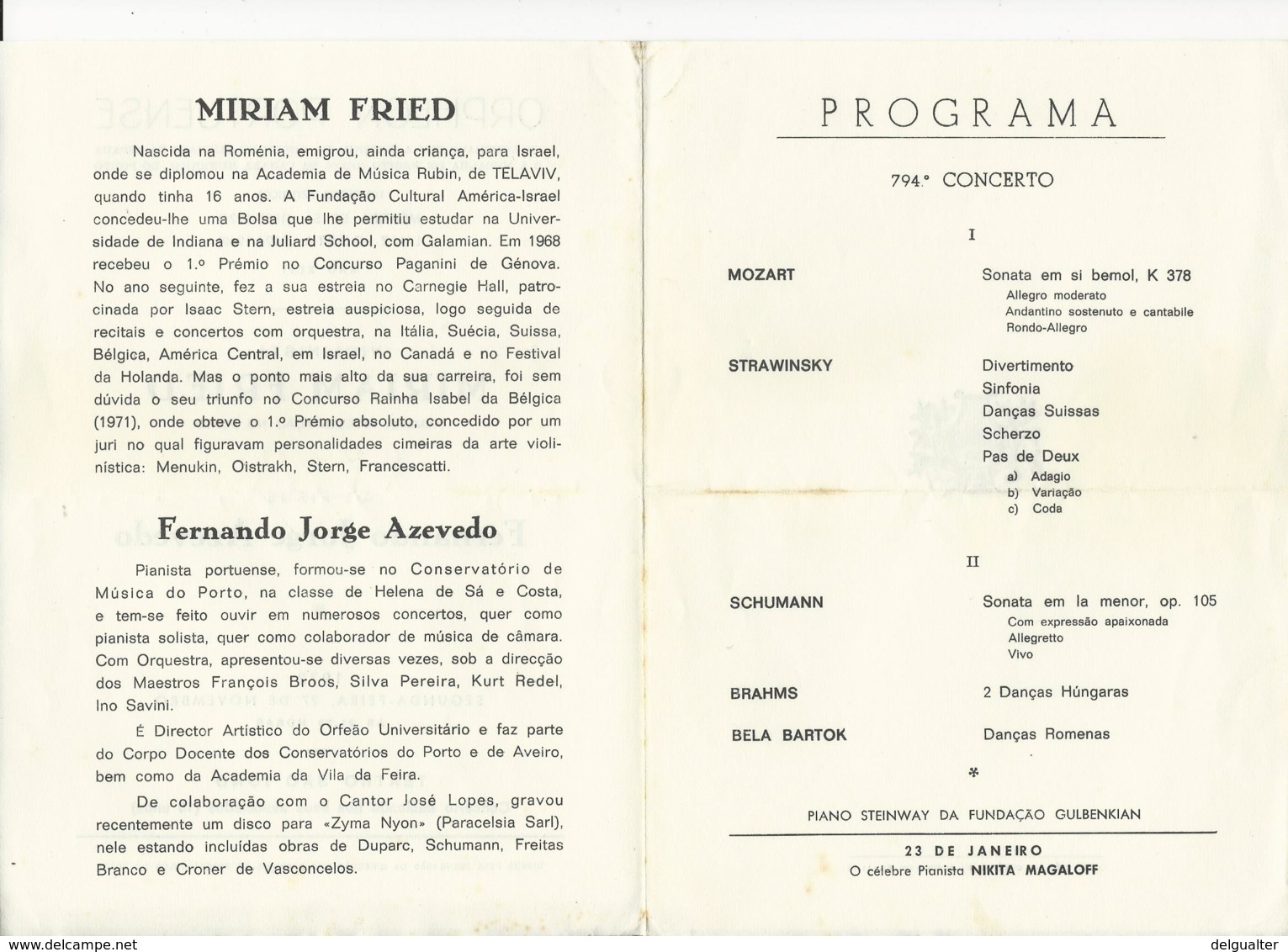 Program - Portugal - Orpheon Portuense - 27 Novembro 1972 - Miriam Fried - Programmes