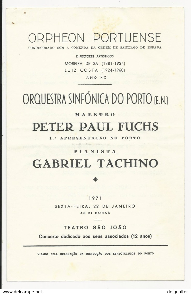 Program - Portugal - Orpheon Portuense - 22 Janeiro 1971 - Orquestra Sinfónica Do Porto - Programmes