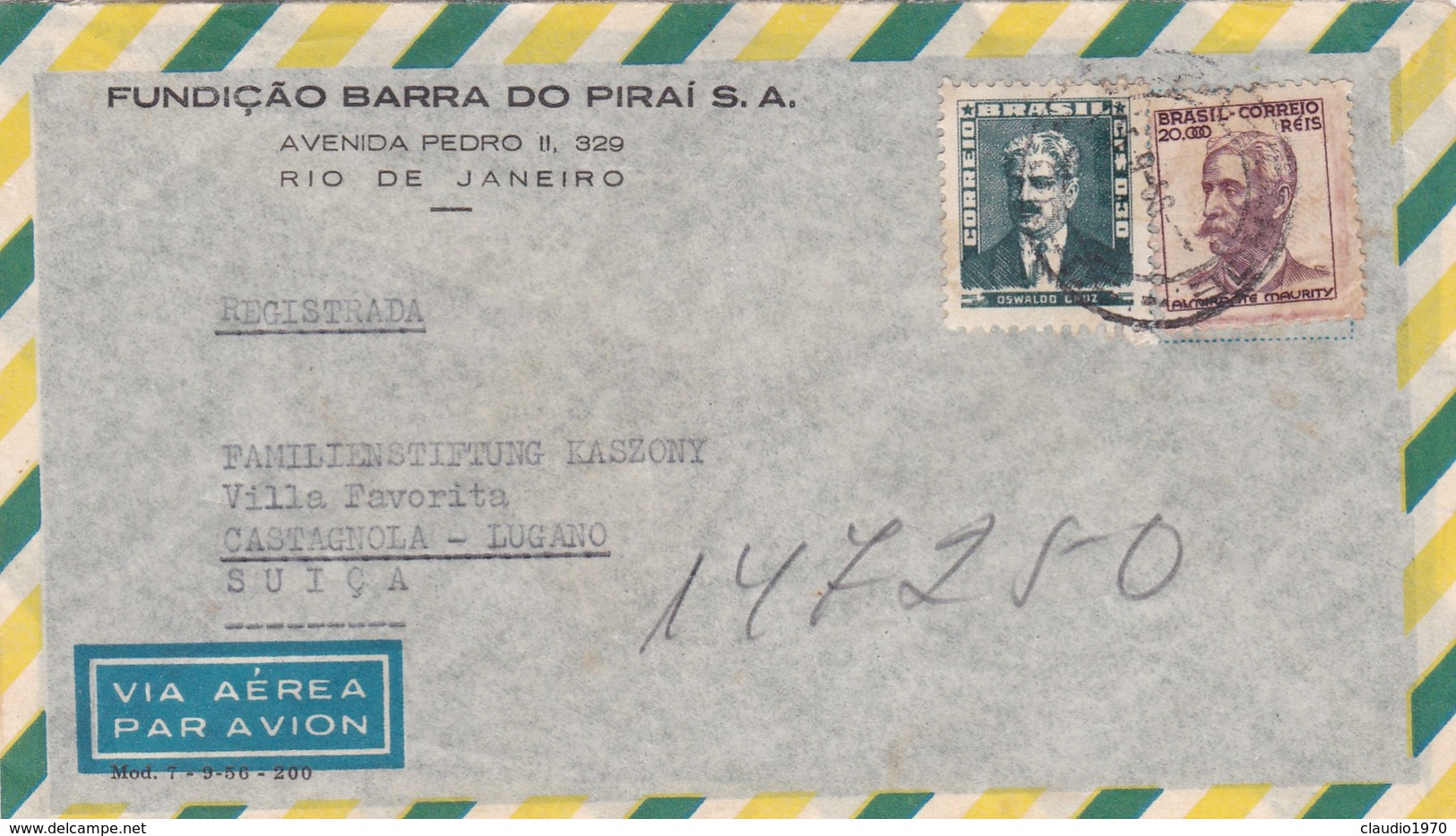 BUSTA VIAGGIATA  AIR MAIL - BRASILE - RIO DE JANEIRO - FUNDICA'O BARRA PIRAI S.A. - VIAGGIATA PER CASTAGNOLA (SVIZZERA) - Storia Postale