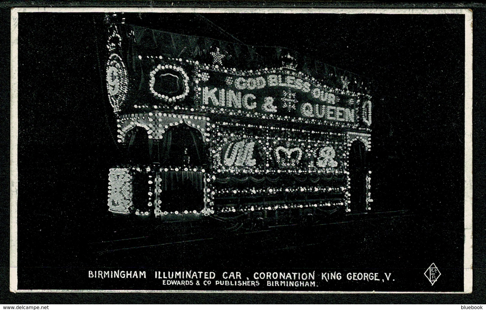 Ref 1299 - 1911 Postcard - KGV Coronation Tram Car Illuminations - Birmingham - Royalty - Birmingham