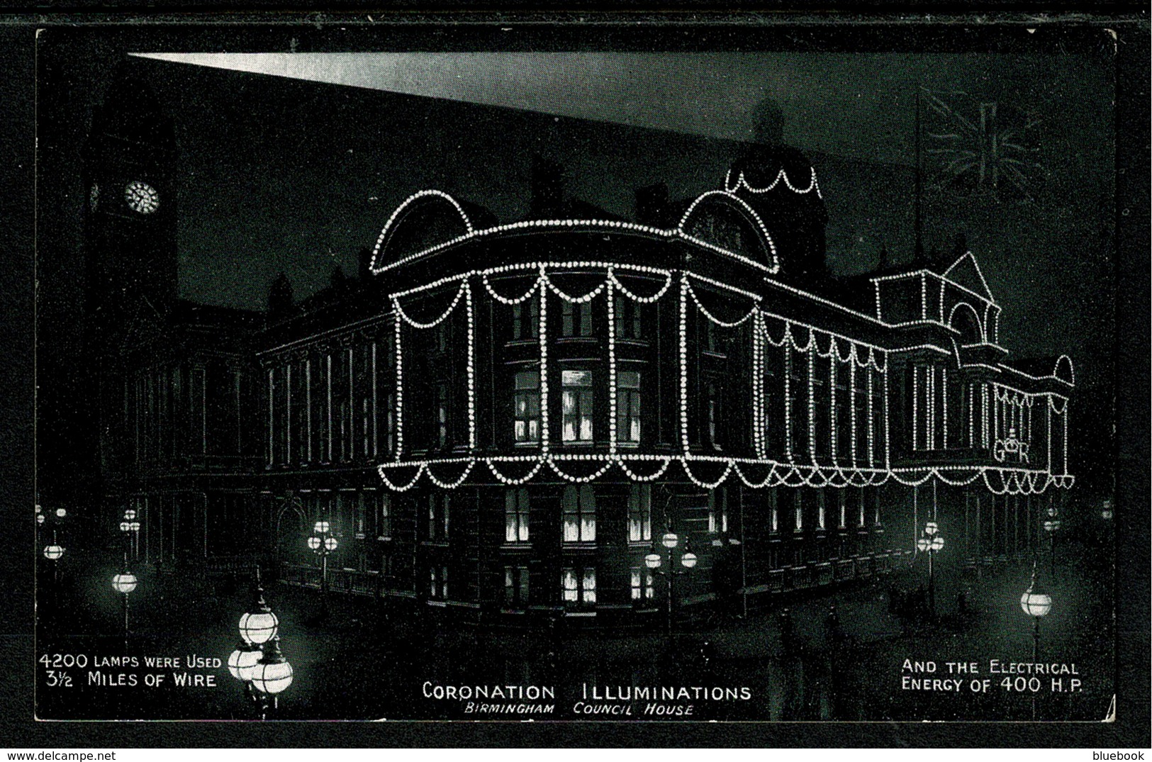 Ref 1299 - 1911 Postcard - KGV Coronation Illuminations - Birmingham Council House - Royalty Theme - Birmingham