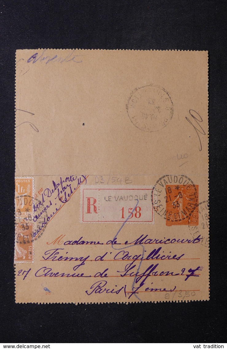 FRANCE - Entier Postal Type Semeuse + Complément En Recommandé De Le Vaudoué En 1933 Pour Paris - L 31472 - Letter Cards