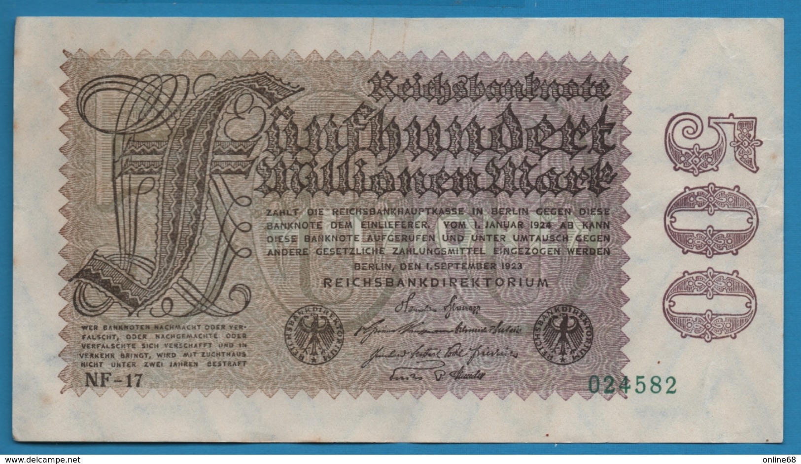 DEUTSCHES REICH 500 Millionen Mark  	01.09.1923	# NF-17  024582    P# 110d - 500 Mio. Mark