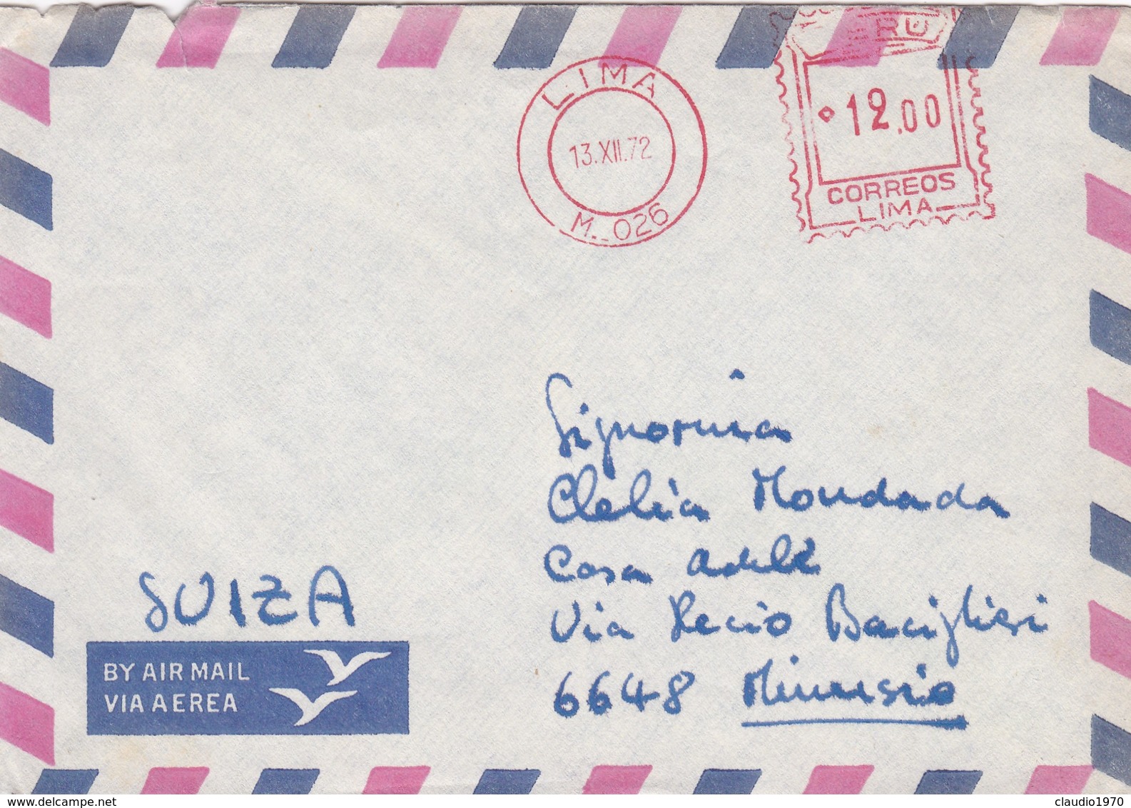 BUST VIAGGIATA AIR MAIL - PERù - VIAGGIATA PER MINUSIO (SVIZZERA) - Perù