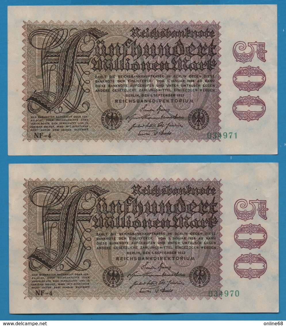 DEUTSCHES REICH 2x 500 Millionen Mark  	01.09.1923	# NF-4  034970+971    P# 110f - 500 Miljoen Mark