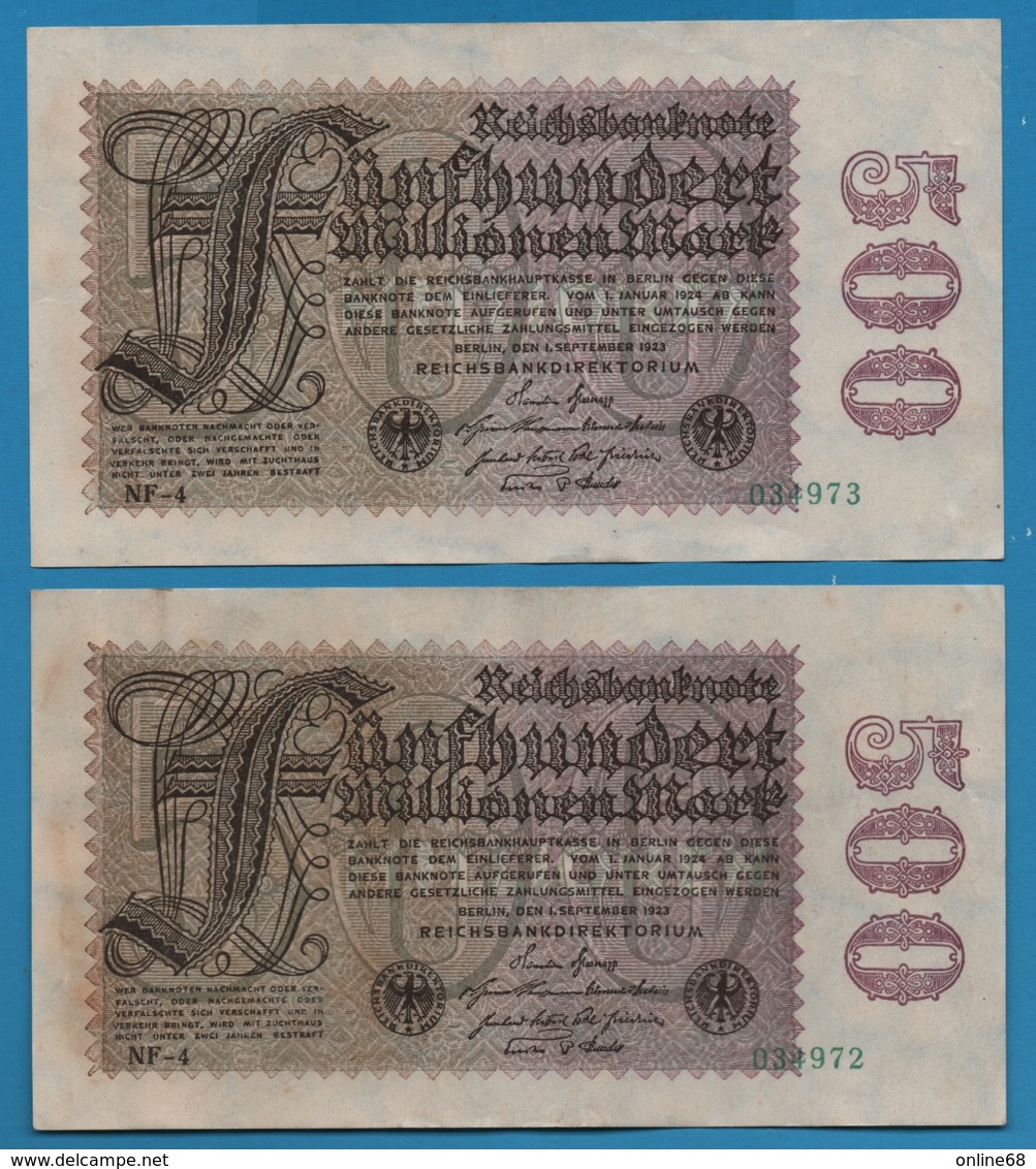 DEUTSCHES REICH 2x 500 Millionen Mark  	01.09.1923	# NF-4  034972+973    P# 110f - 500 Miljoen Mark