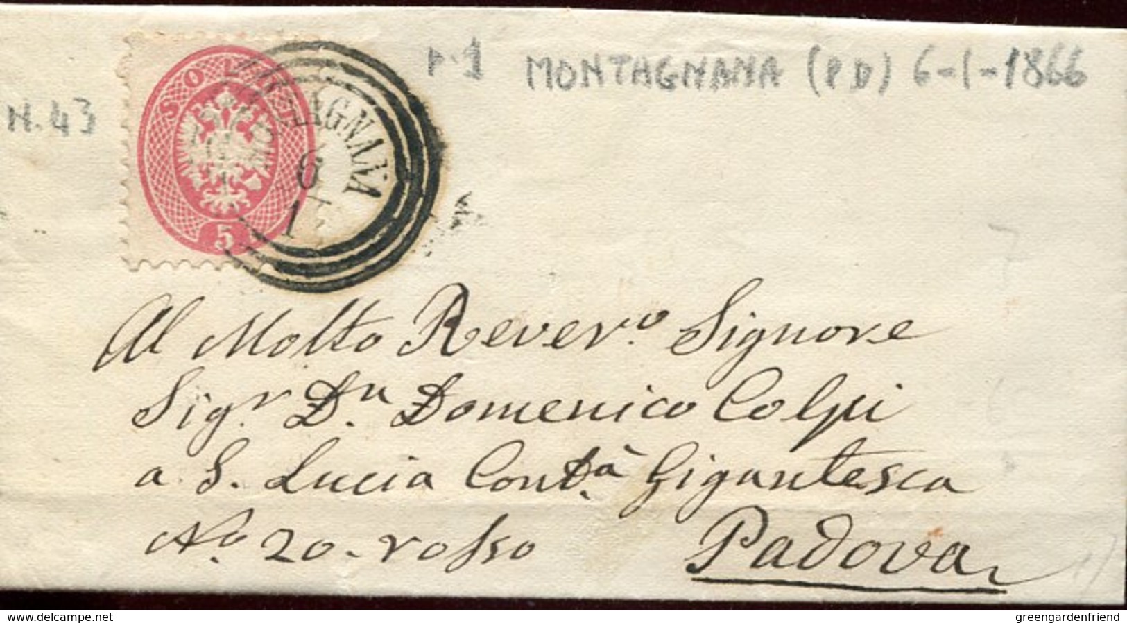 45505 Italia, Lombardo Veneto Comunicaz. 6.1.1866  Da Montagnana A Padova - ...-1850 Préphilatélie