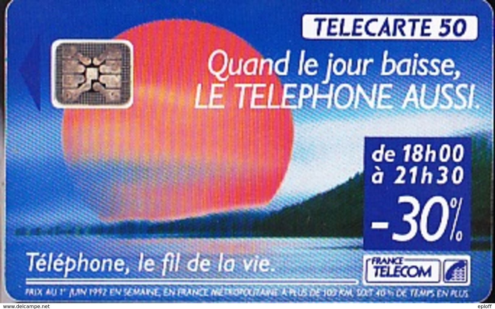 FRANCE TELECOM De 06/1992   Soleil Rouge  50 Unités     Tirage  1 000 000 Exemplaires - Opérateurs Télécom