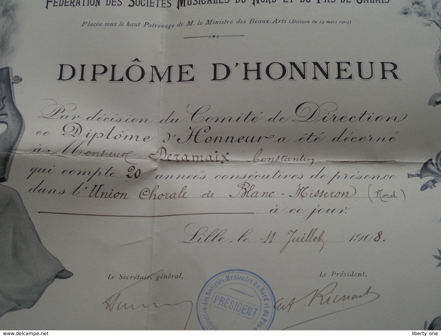 DIPLÔME D'HONNEUR Féd. Des Soc. MUSICALES Du NORD Et Du PAS-DE-CALAIS > Anno 1908 : Format 38 X 51 Cm. > Voir Photo ! - Autres & Non Classés