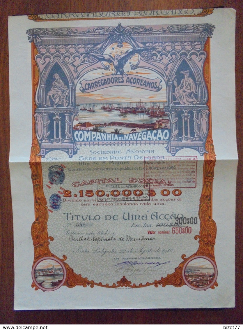 PORTUGAL - COMPANHIA DE NAVEGACAO - ACTION DE 650$00 - PONTA DELGADA 1920 - BELLE DECO - Autres & Non Classés