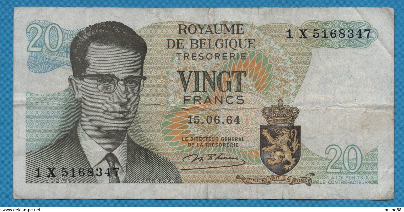 BELGIQUE 20 FRANCS 15.06.1964 # 1X5168347  P# 138 	 Signature: D'Haeze - 20 Francs