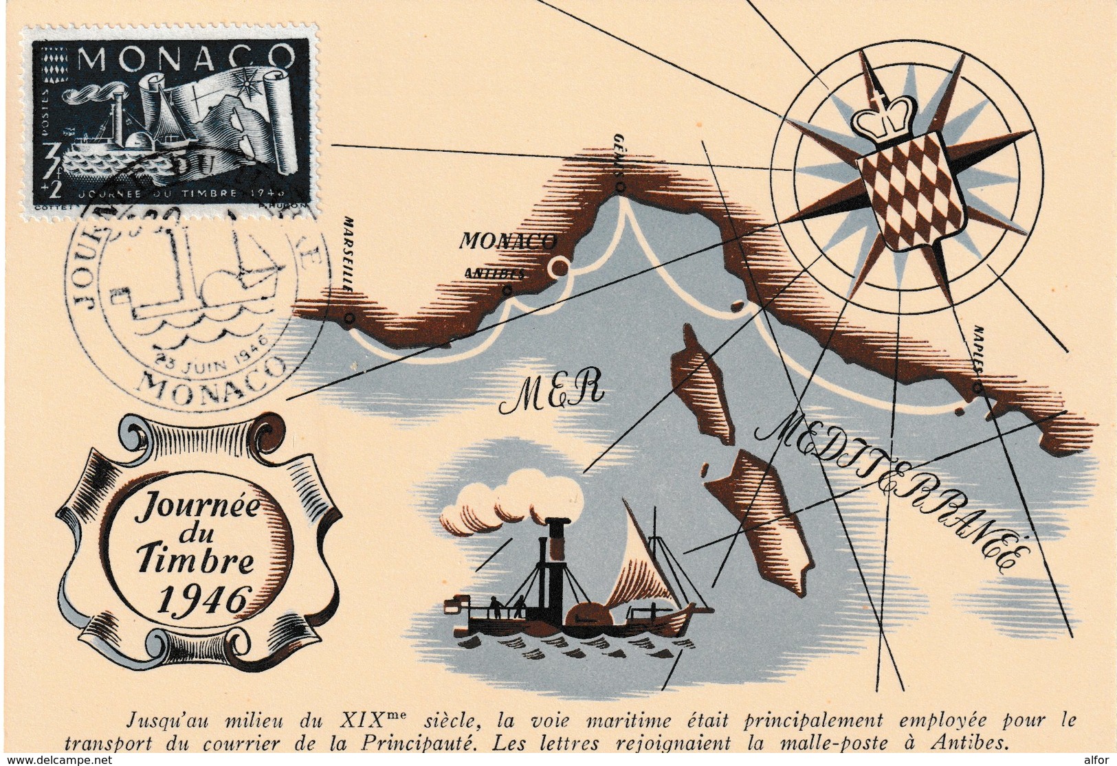 MONACO - 1946 - CP EMISE POUR LA JOURNEE DU TIMBRE - BATEAU A VAPEUR - TRANSPORT DU COURRIER - Other & Unclassified