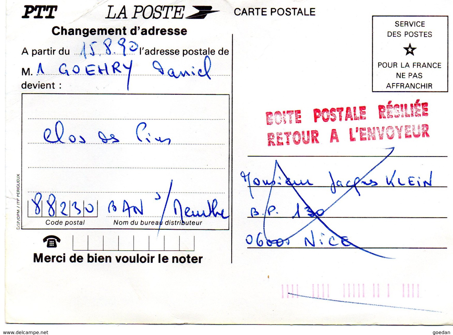 GRIFFE ROUGE  "BOITE POSTALE RÉSILIÉE / RETOUR A L'ENVOYEUR"  -  Rare - Document A Souffert Au Centre De Tri - Autres & Non Classés