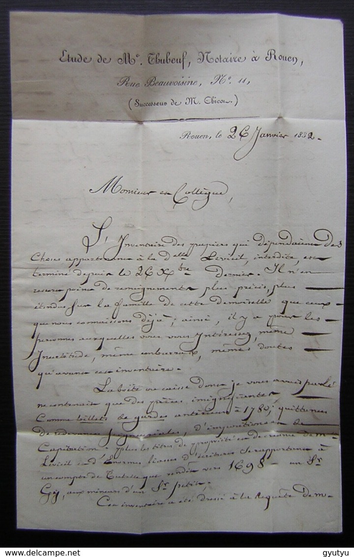 Rouen 1832 Lettre De M Thubeuf Notaire , Rue Beauovoisine N°11 - 1801-1848: Précurseurs XIX