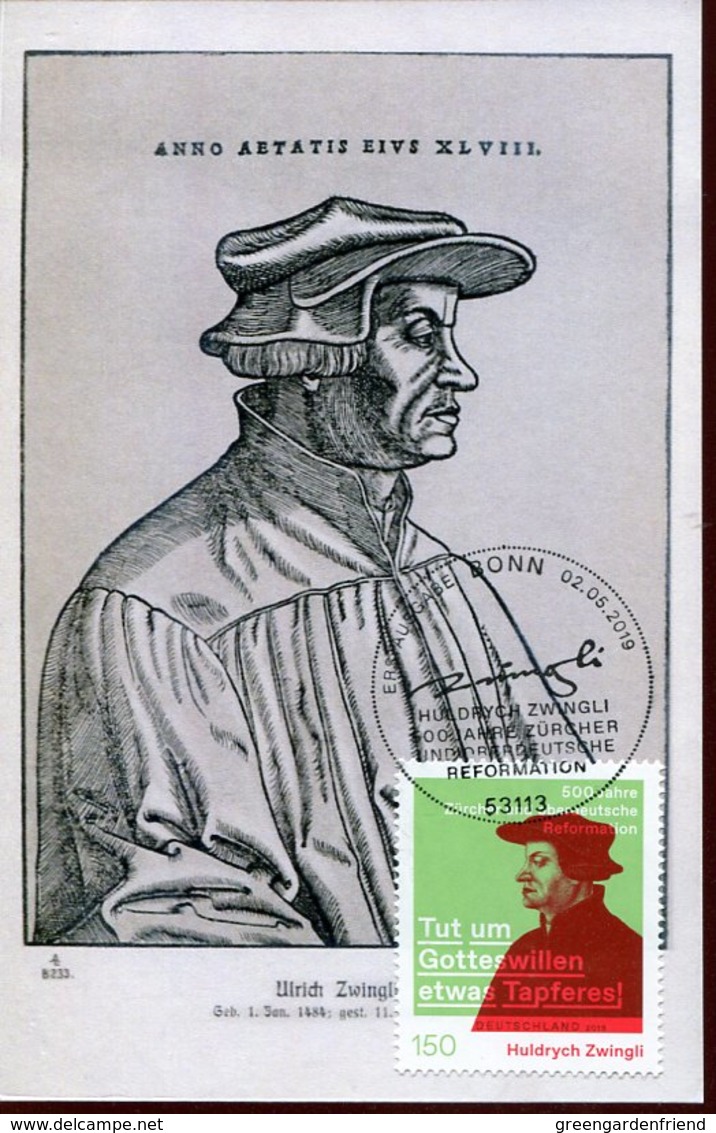 45515 Germany, Maximum 2019,ulrich Zwingli,BONN,500 Year Of Reformation In Switzerland (martin Luther) Postmark BONN !!! - Christendom