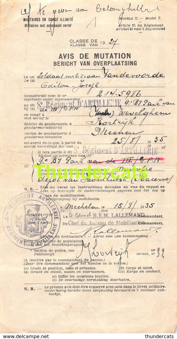 3 X AVIS DE MUTATION BERICHT VAN OVERPLAATSING 1927 VANDEVOORDE ODILON WEVELGHEM KORTRIJK MEENEN THEUNIS - Documents