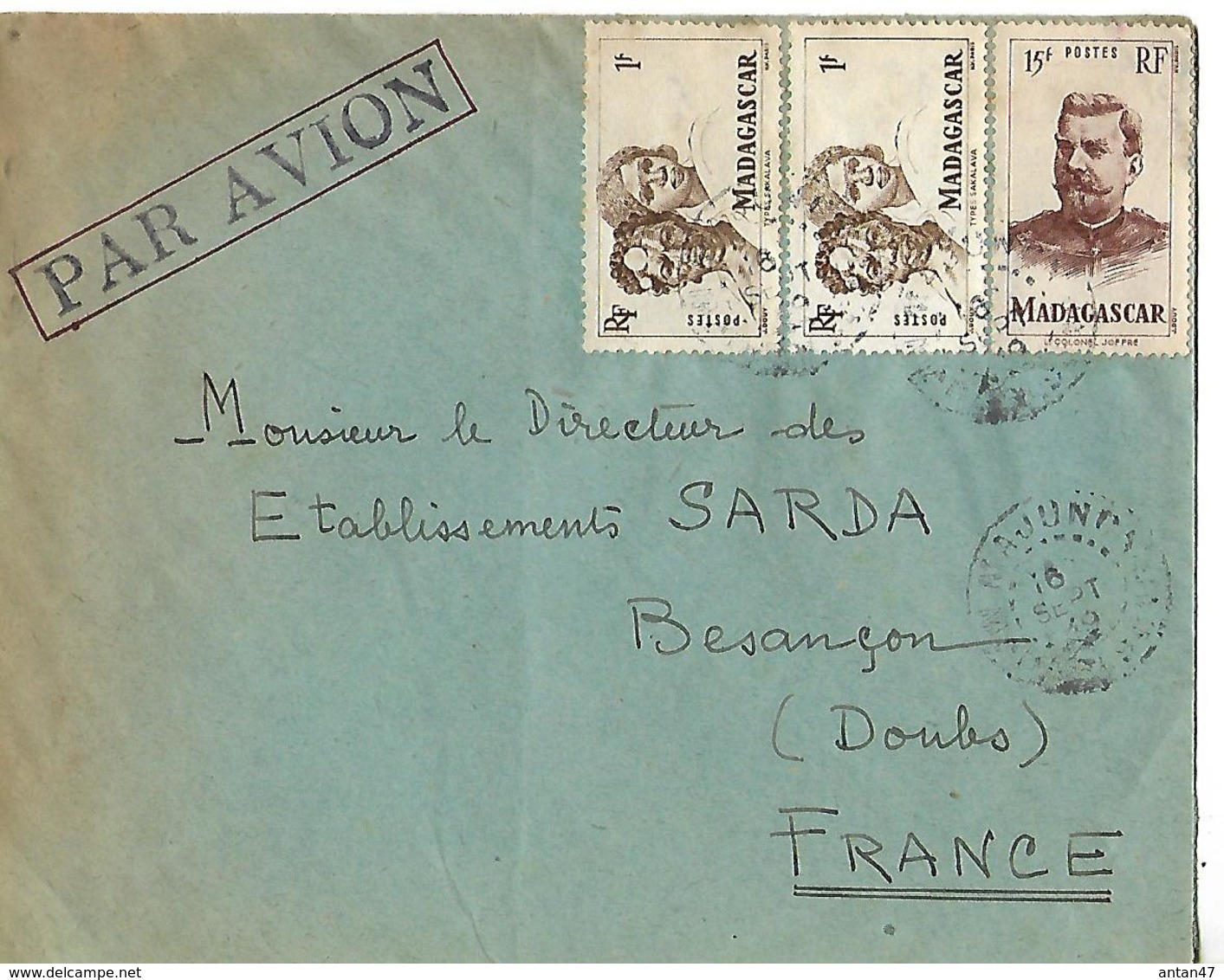 Enveloppe Commerciale Avion 1949 / MADAGASCAR Majringa / Randriamanana Commis Trésorerie / 25 Sarda BESANCON - Poste Aérienne