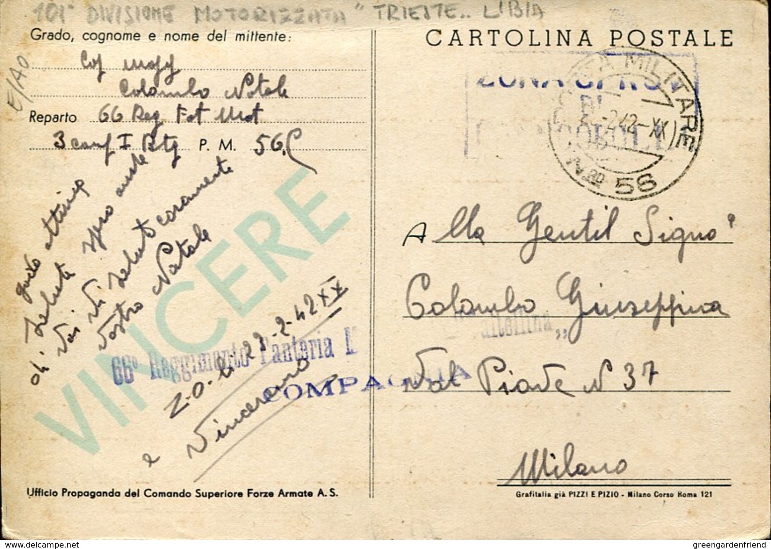 45520 Italia,cart.militare Viagg.1942 Posta Militare Da 101^ Divisione Motorizzata "trieste" Libia (carta Dell'africa) - Libya