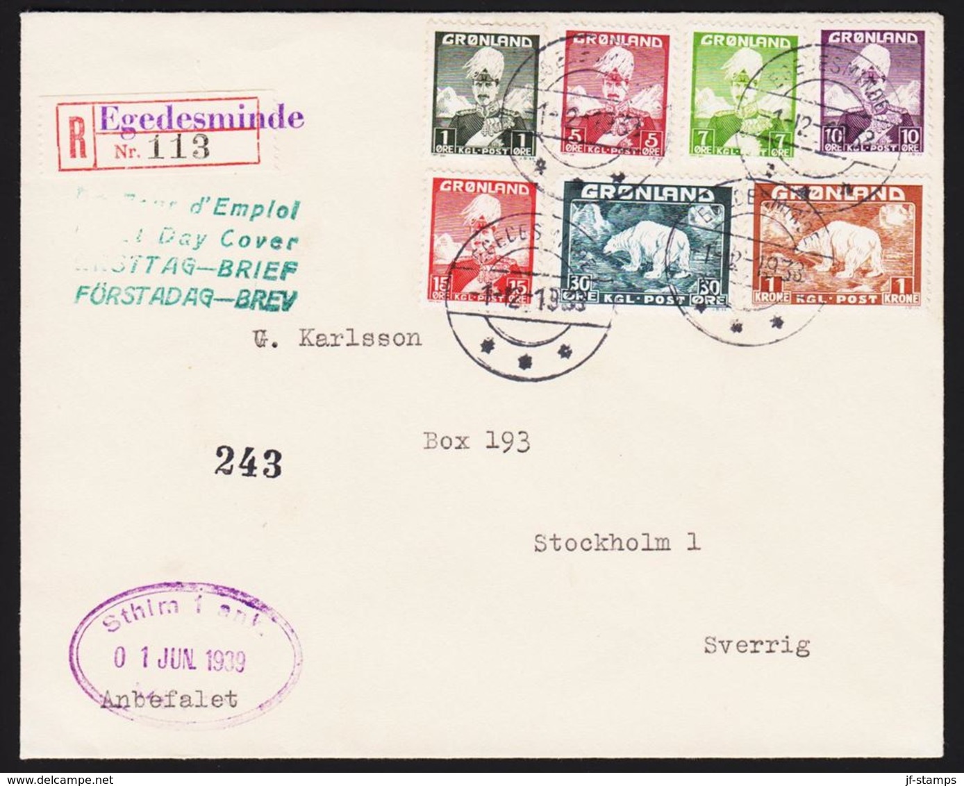 1938. Christian X And Polar Bear. Set Of 7 On Envelope Cancelled EGEDESMINDE -1.-12.1... (Michel 1-7) - JF317491 - Storia Postale