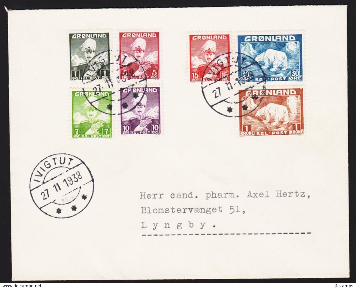 1938. Christian X And Polar Bear. Set Of 7 On Envelope Cancelled IVIGTUT 27 11 1938 F... (Michel 1-7) - JF317494 - Briefe U. Dokumente