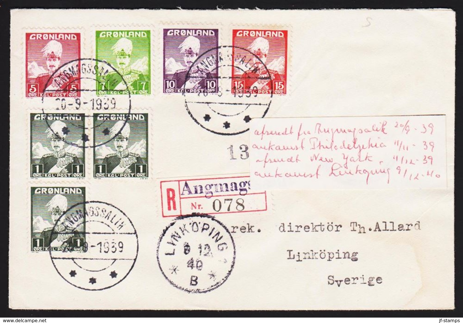 1938. Christian X And Polar Bear. 3 X 1 + 5 + 7 + 10 + 15 øre ANGMAGSSALIK 20-9-1939 ... (Michel 1+) - JF317495 - Covers & Documents