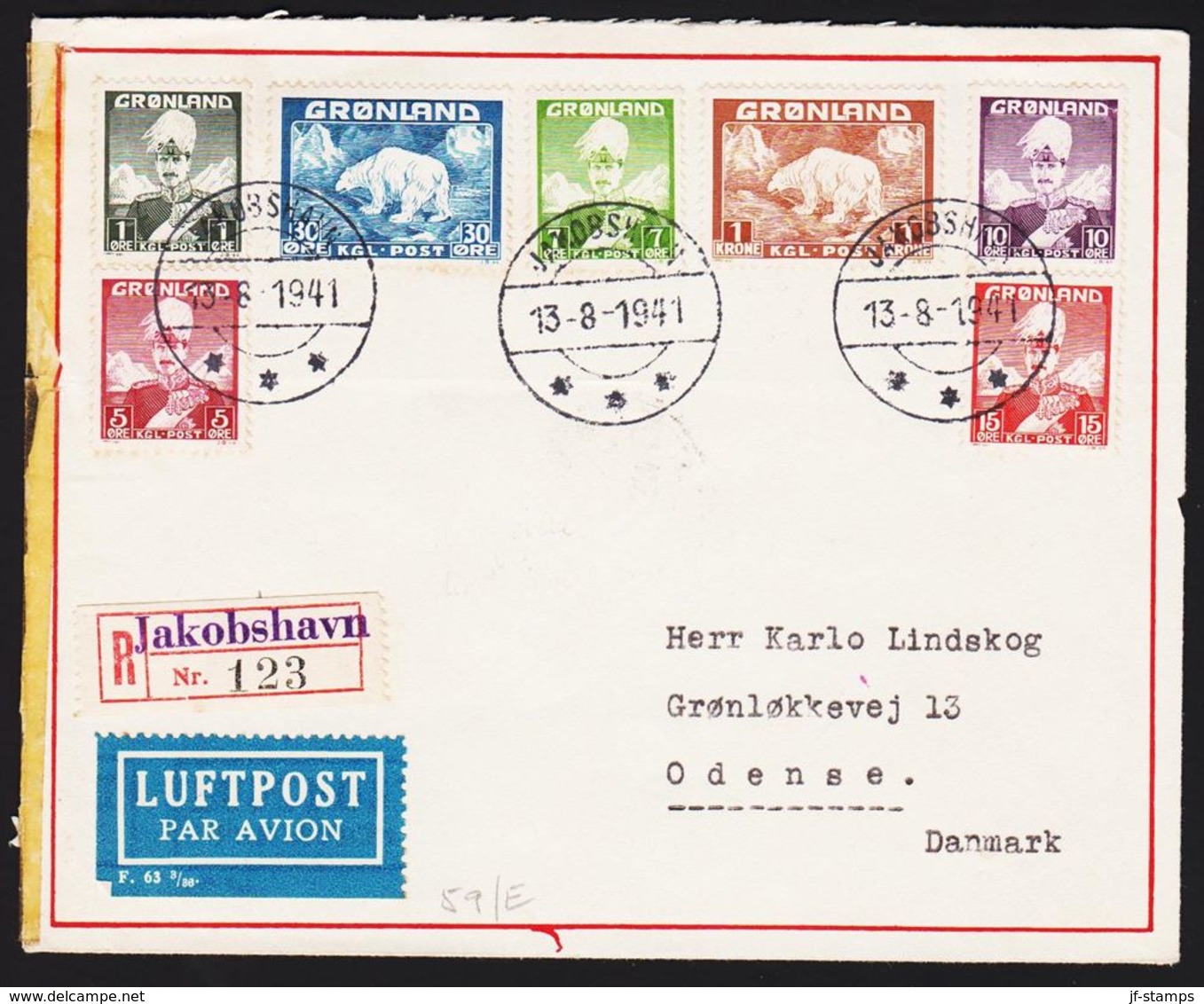 1938. Christian X And Polar Bear. Set Of 7 On Envelope Cancelled_ JAKOBSHAVN 13-8-194... (Michel 1-7) - JF317497 - Cartas & Documentos