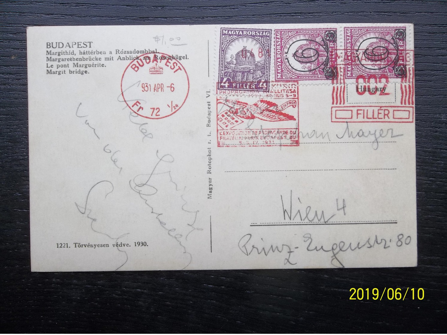 Hungary: 1931 PPC To Wien (#HR5) - Covers & Documents