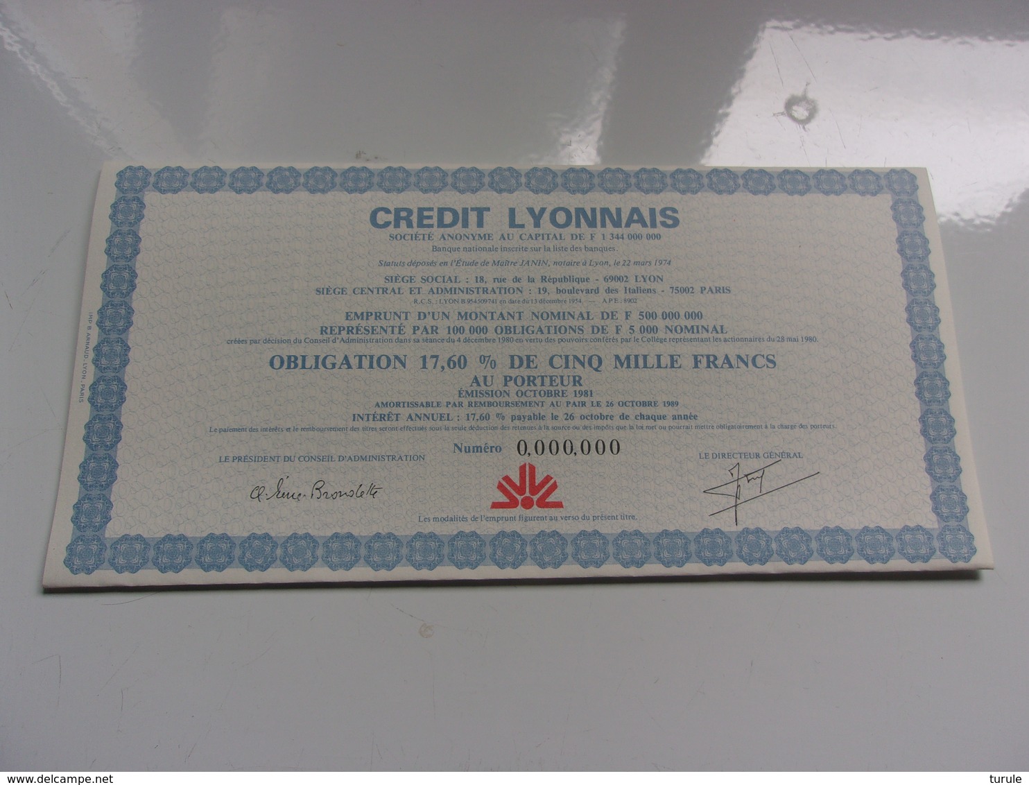 CREDIT LYONNAIS (obligation 17,6% De 5000 Francs) Octobre 1981 - Other & Unclassified