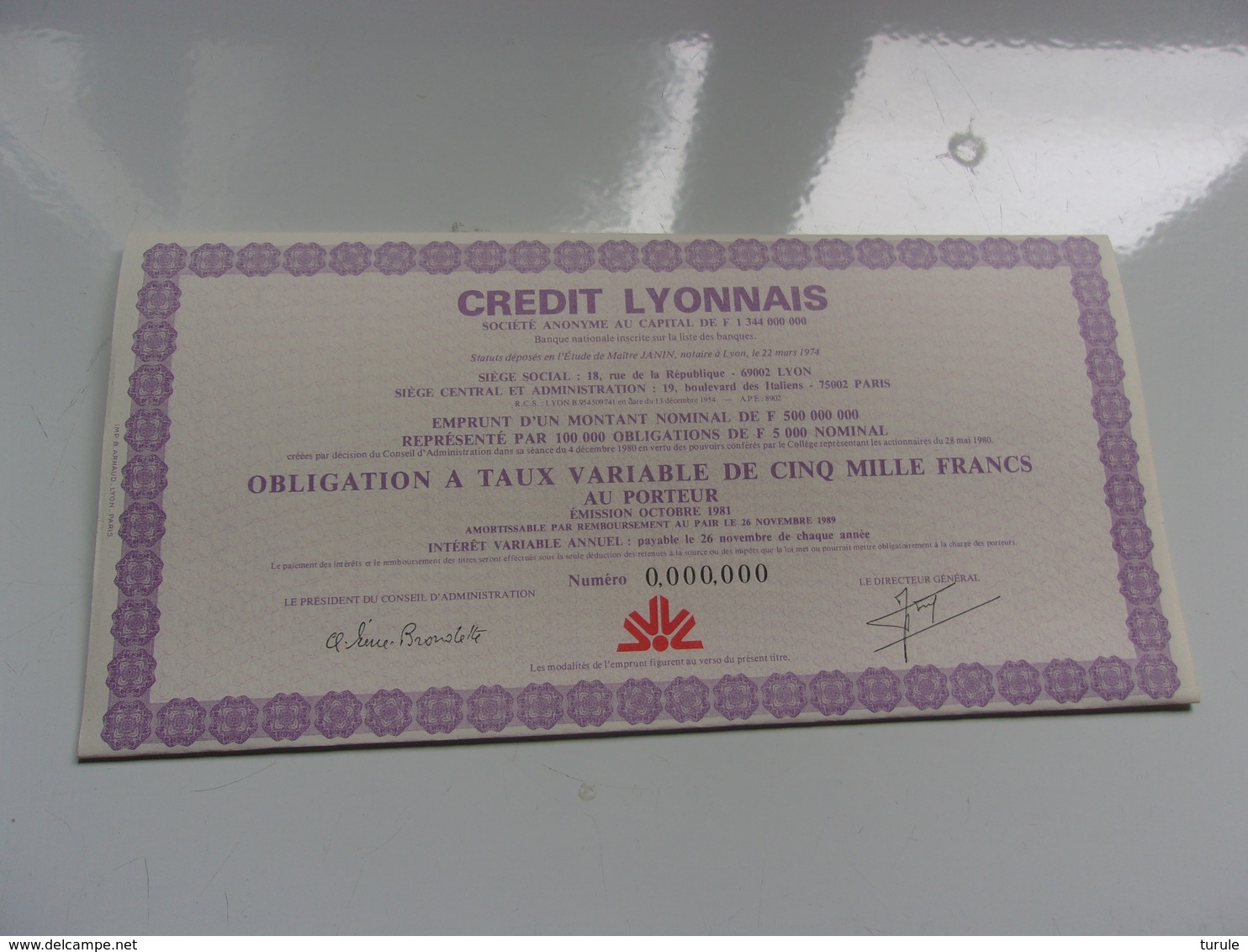 CREDIT LYONNAIS (obligation Taux Variable De 5000 Francs) Octobre 1981 - Other & Unclassified