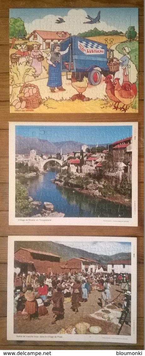 Lot De 3 Puzzles Publicitaires LUSTUCRU Chèque Chic / Ferme , Villages De Mostar Et Pisac + Enveloppe 1983 - Puzzle Games