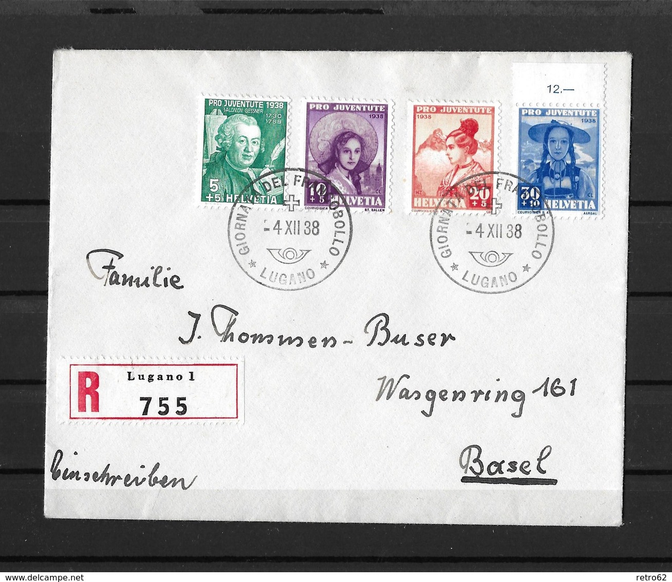 1938 PRO JUVENTUTE → Satzbrief, Tag Der Briefmarke Lugano 4.XII.38 - Lettres & Documents