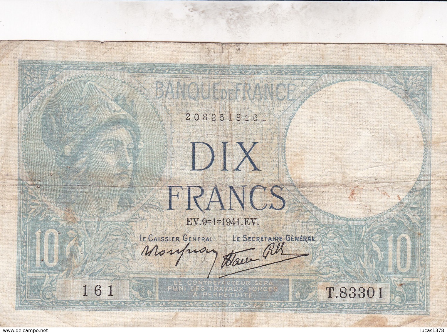 10 FRANCS MINERVE / TYPE 1915 MODIFIE / 09/01/1941 - 10 F 1916-1942 ''Minerve''